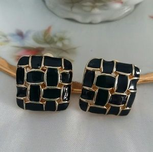 Navy and Gold-tone Square Clip Earrings